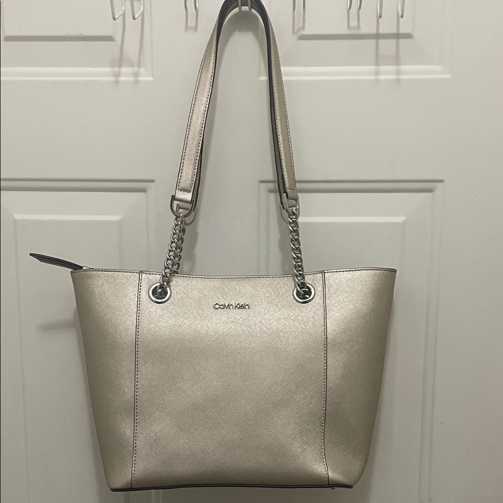 Calvin Klein Hayden Saffiano Leather Metallic Silver Tote